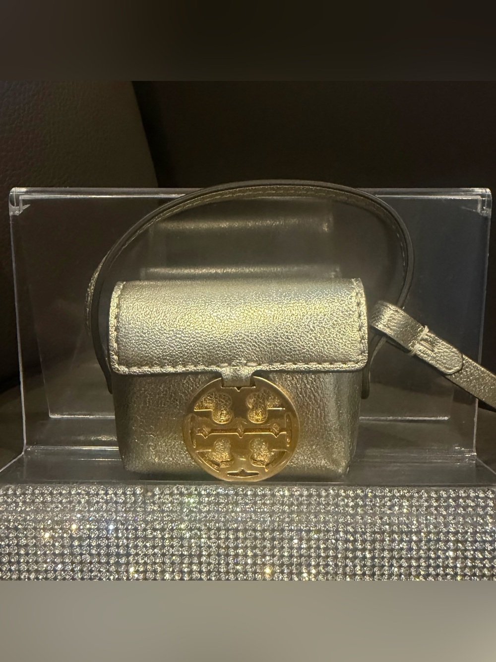 Tory Burch Metallic Gold AirPod Case and Charm with Logo Medallion